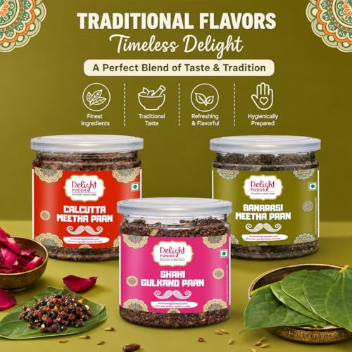 Image of Delight Foods Calcutta Meetha Paan mukhwas, Banarasi & Gulkand Paan 900g (300g x 3) | Mouth Fresheners & Digestive, After Meal Snack | Without Supari | Traditional Sweet mix & Refreshing