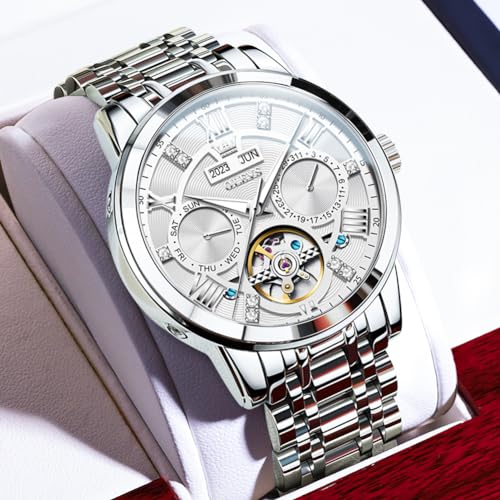 Image of OLEVS Automatic Watches for Men Self Winding Mechanical Skeleton Luxury Dress Stainless Steel Diamond Men Wrist Watches