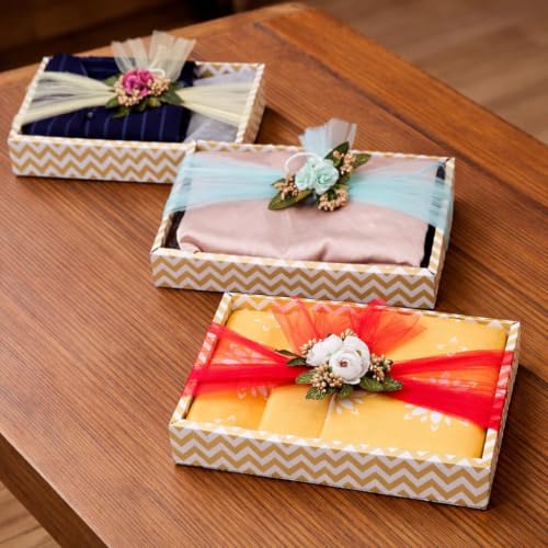 Image of SATYAM KRAFT 3 Pcs Decorative Hamper Gift Tray with Net Band | Cardboard Box for Hamper Decorations items, Festive Gifting | Packing Box for Saree, Sweets, Return Gift, Marriage, Wedding Packing (Golden)