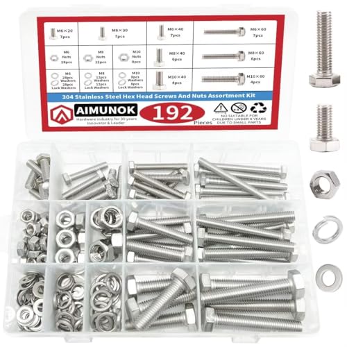 AIMUNOK 192-teiliges Schraubenset M6 M8 M10 - Edelstahl Sechskantschrauben & Muttern Set mit Unterlegscheiben, hochfeste Befestigungselemente für Industrie, Maschinenbau und Heimwerker