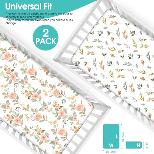 Image of BROLEX Baby Fitted Crib Sheets: Kid Crib Sheets - Set of 2 for Toddler Standard Size Crib Mattress for Boys and Girls - Jersey Knit Crib Bed Sheets Rose & Foliage