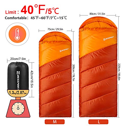 Bessport Saco de dormir 3 estações 4,4 °C/5 ℃ Saco de dormir leve repelente de água para uso externo