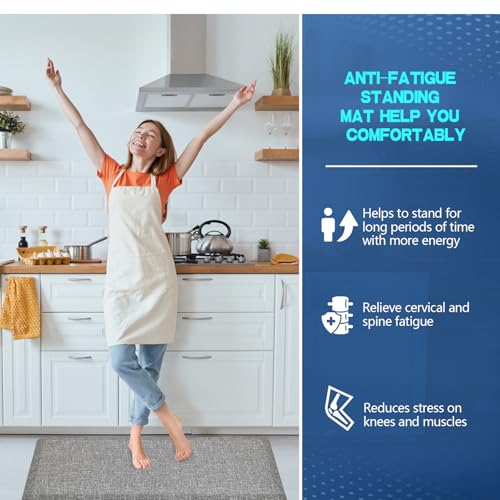Image of Anti Slip 3 /4 inchs Anti Fatigue Kitchen Floor Mat, Ergonomic Comfort Standing Mat, Waterproof Kitchen Runner for Home, Kitchen, Office, Laundry, Garage (Light Gray, 24 inch x 70 inch -0.75 inch)