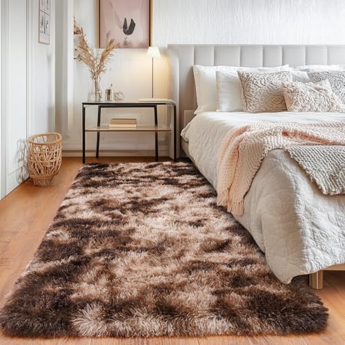 Runner Rugs for Bedroom, 2x6 Fluffy Throw Area Rug Non Slip for Bedside Dorm Hallways, Long Soft Shag Carpet for Nursery Living Room, Tie-Dyed Brown
