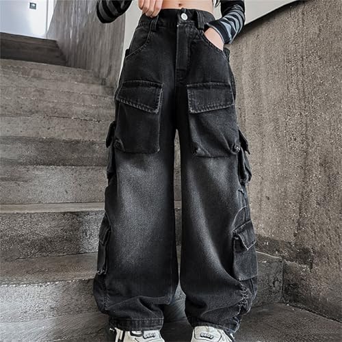 Girls Jeans Denim Elastic Waist Wide Leg Baggy Pants 𝐅la𝐩 Pocket Side Denim Cargo Pants Kids Hip Hop Jeans Teen3