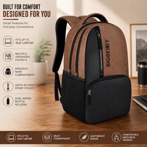 Image of BIGBERRY Rodeo | Leatherite Faux Leather Laptop Backpack for Men & Women | Water Resistant Medium Office, Travel, College Bag | Fits Up to 15.6 Inch Laptop | Travel, Casual & Business, Unisex