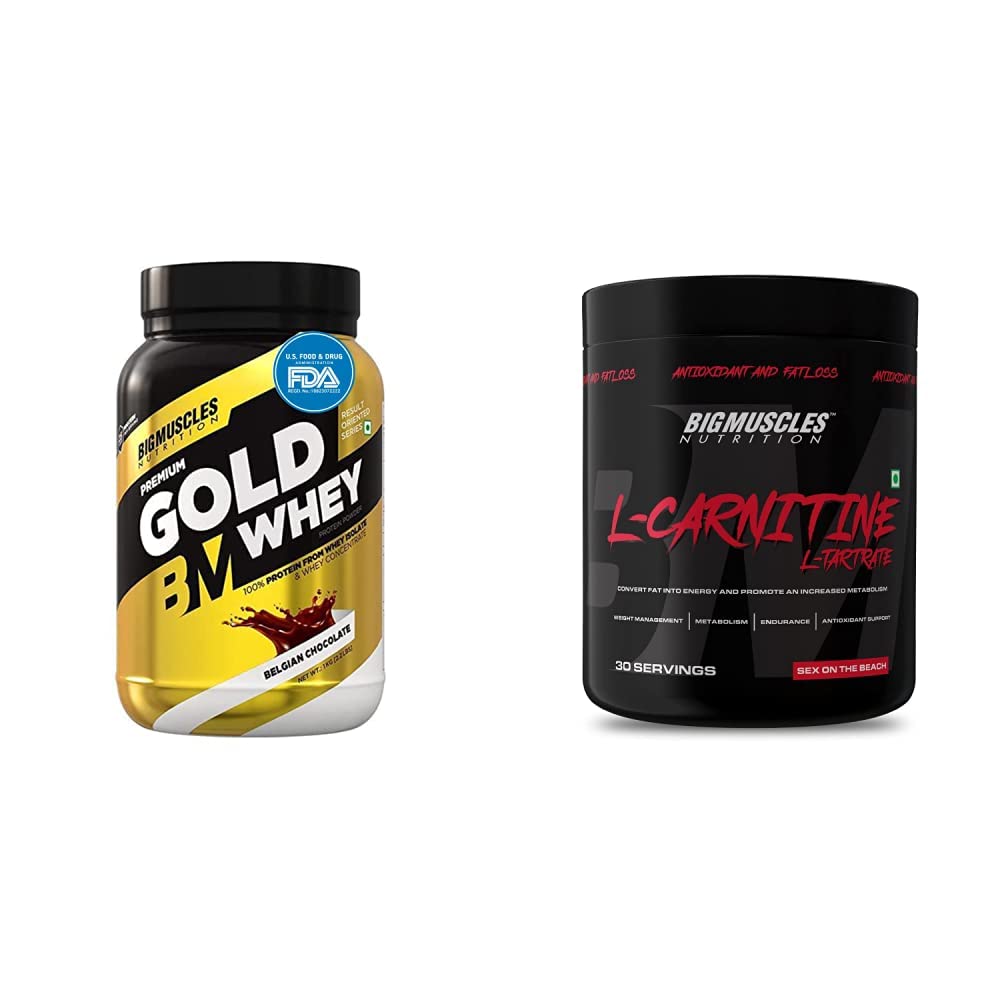 Premium Gold Whey 1Kg Whey Protein Isolate Blend[Belgian Chocolate] & Bigmuscles Nutrition L-Carnitine L-Tartrate Powder [30 Servings, Sex On The Beach] | 2000 mg
