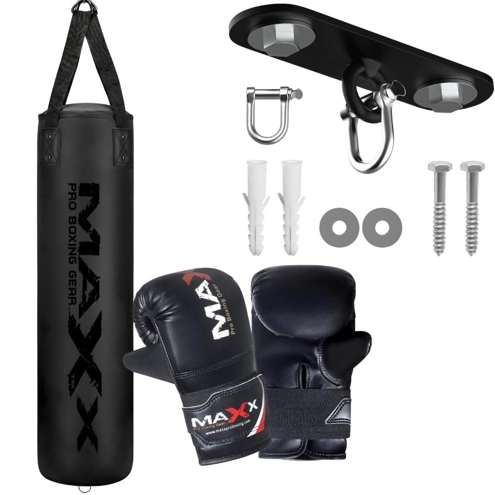 Maxx Punch Bag Boxing Set BLACK 6FT Heavy Filled Punchbag Gloves Bracket Full Black (6pcs set with Hook, 3FT)