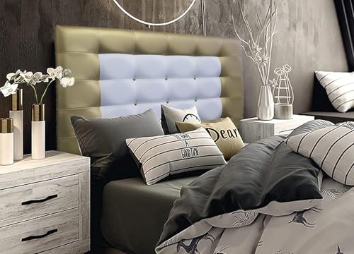 ONEK-DECCO Cabecero de Cama tapizado en Polipiel Mod. Florida con Forma de Marco y Botones,Acolchado de Espuma,de niño, Juvenil y Matrimonio, Cabezal de Colgar Altura 70cm. (135X70, Dorado-Blanco)