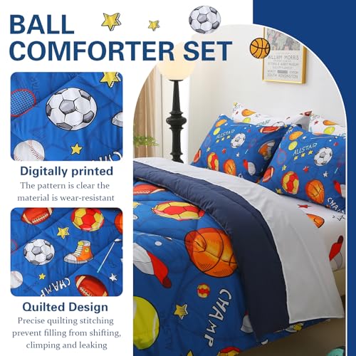 CINYEHB Queen Comforter Set for Boys Blue Soft Microfiber Bedding Sets Kids All Season Bed in a Bag with Fitted Sheets Flat Sheet and Pillowcover, Cute Sports Ball Pattern (Queen Size, 7piece) — view 3