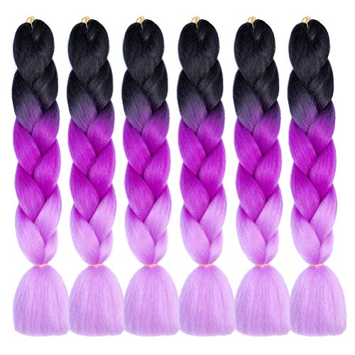 Xiaofeng 6 Packs 24 Inch Braiding Hair Extensions Purple Ombre Jumbo Synthetic Braids Hair Extensions (black-purple-light purple)