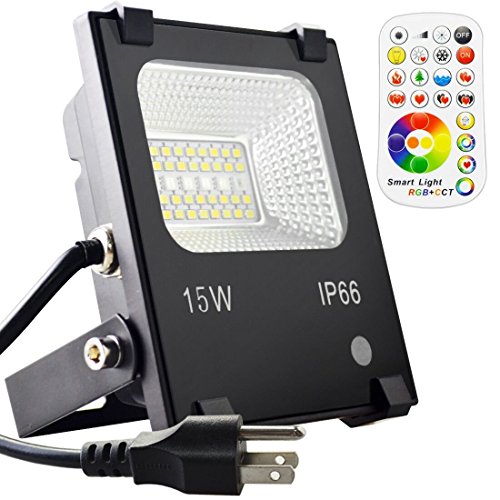 MELPO 15W LED Flood Light Outdoor, Color Changing RGB Floodlight with Remote, 120 RGB Colors, Warm White to Daylight Tunable, IP66 Waterproof, US 3-Plug