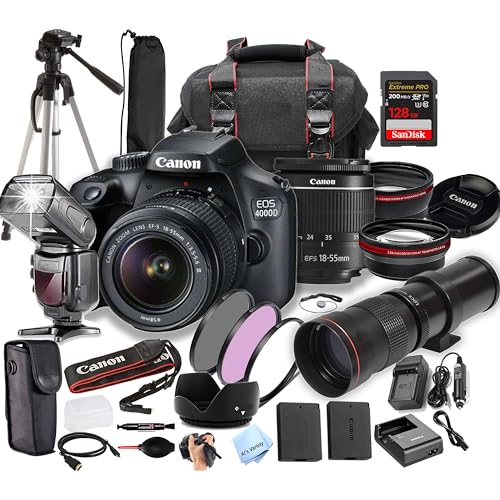 Canon EOS 4000D (Rebel T100) w/EF-S 18-55mm + 420-800mm Super Telephoto Lens + 128GB Extreme Speed Card, Case, Tripod,TTL Speedlite, Spare Battery, Filters, More (Extreme Pro-Bundle) (Renewed)