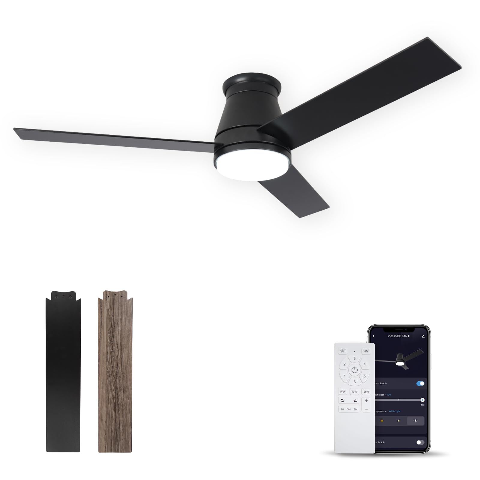 Viossn 52-Inch Flush Mount Ceiling Fan, Smart Low Profile Ceiling Fan With Light, Matte Black 6-Speed With Remote/App, Dimmable, for Patios, Bedroom,