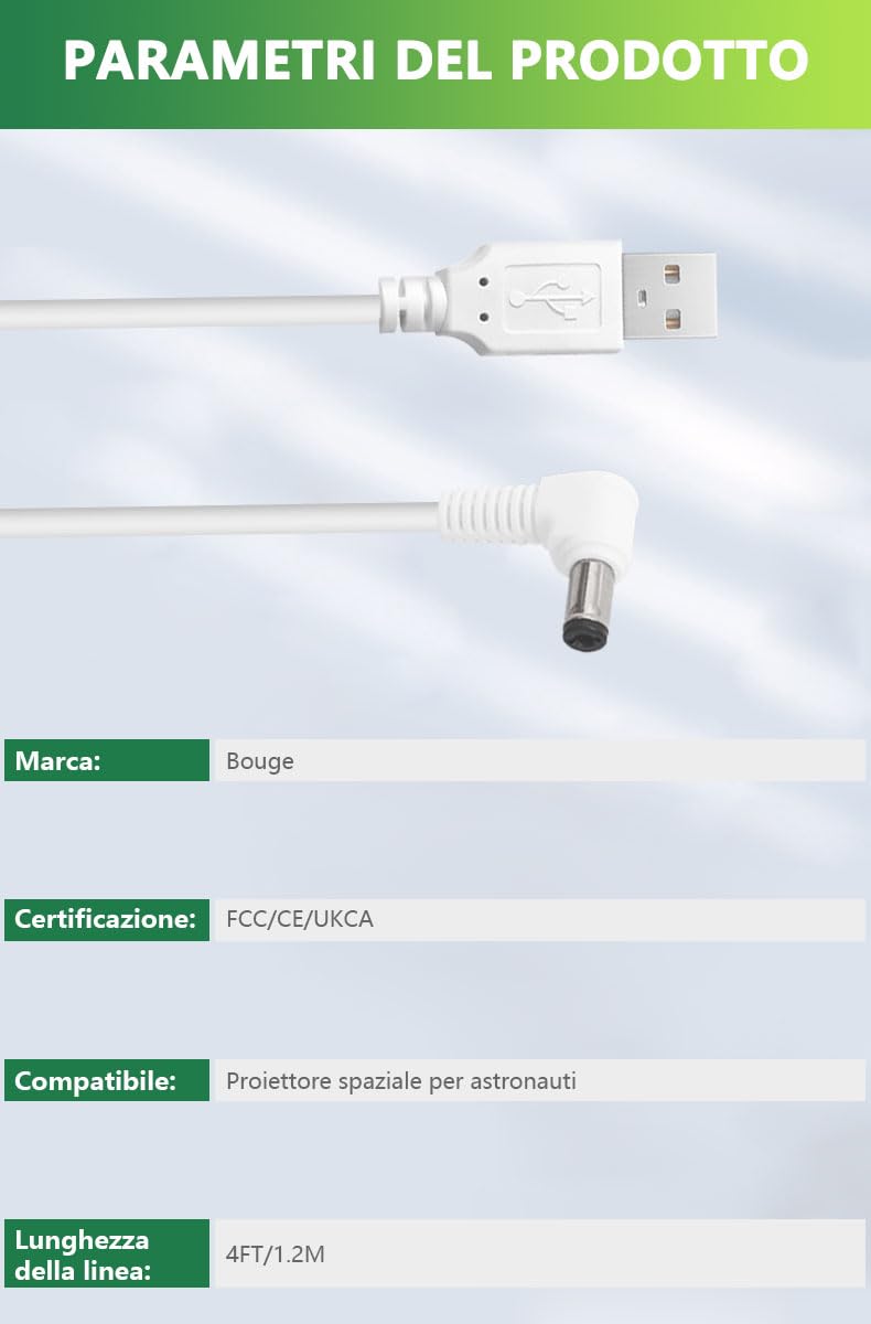 Cavo Alimentazione USB-DC 5.5x2.1mm 1m Per Proiettore Spaziale Astronauta Mooyran - Cavo Ricarica Sostitutivo