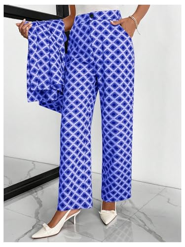 MakeMeChic Women's Geo Pattern High Waist Trousers Straight Leg Office Dress Pants3