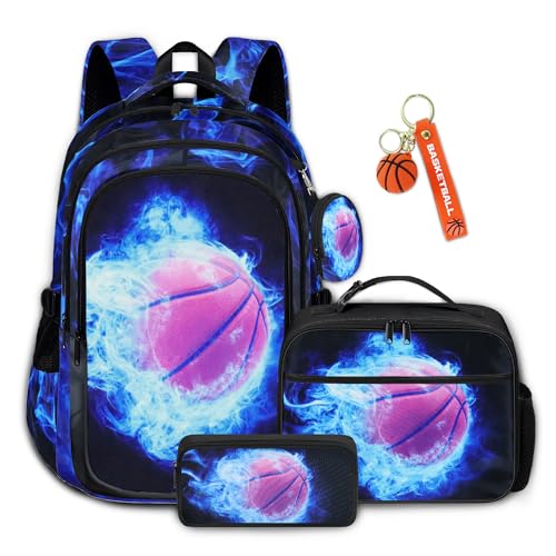 Boys Basketball Backpack with Lunch Box, Kids Backpack Set for School, 17inch Bookbag with Pencil Case Coin Purse Blue