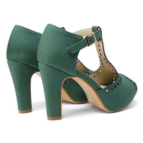 Getmorebeauty Women'S Green Vintage Suede Ankle T Straps Dress Block Heeled Sandals Pumps thumb #3