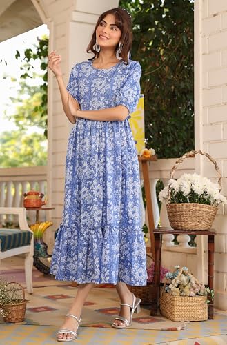 Image of Janasya Women's Blue Pure Cotton Floral Printed Tiered Dress