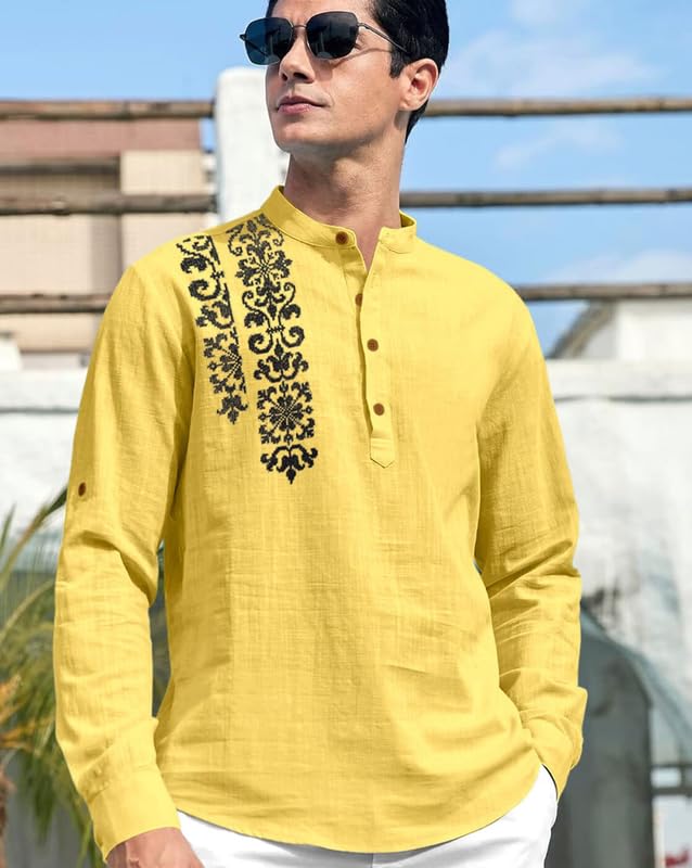 Image of FINIVO FASHION Men's Cotton Blend Short Kurta Shirt | Casual Ethnic Wear with Roll-Up Sleeves & Mandarin Collar | Comfortable Fit Tunic for Festive, & Summer Outings