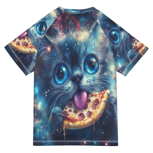 Boys Short Sleeve T-Shirts Cat Portrait Pizza Rashguard Kids Swim Shirts Sun UPF 50+2