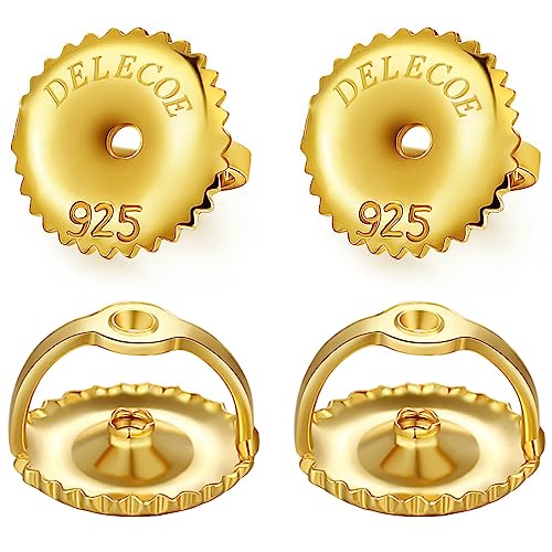 DELECOE 2 Pairs 14K Gold Screw On Earring Backs for Diamond Studs 925 Stering Silver Hypoallergenic Screw Backs Replacement Fit Post Sizes .032/0.8mm Gold Color