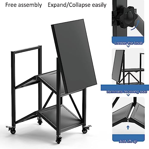 Carrito de cocina de acero inoxidable de 3 niveles con ruedas bloqueables, plegable y versátil, perfecto para catering y hoteles, color negro, 60 x 45 x 80 cm