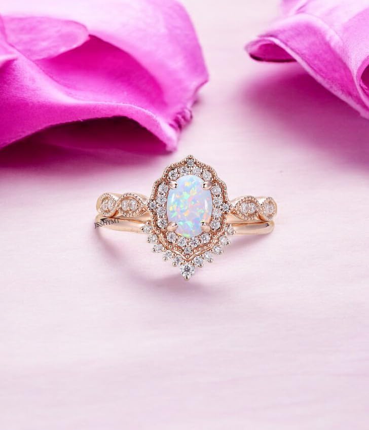 Vintage Opal Engagement Ring for Women with Moissanite Side Stones – Oval Gemstone 925 Sterling Silver Art Deco Wedding Ring, Set of 2 Pcs