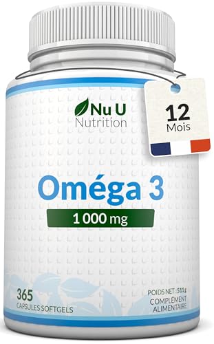 Omega 3 Fish Oil 1000 mg - Huile de Poisson - 365 Gélules - Cure d'1 An - Riche en EPA 540mg et DHA 360mg - Compléments alimentaires de Nu U Nutrition-image