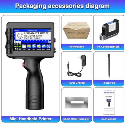 HXUANJET HX127 Tragbarer Handdrucker, Tragbarer Tintenstrahldrucker mit 4,3-Zoll-Touchscreen für Logo/Bild/Produktionsdatum/Zahlen/Los/QR/Barcode