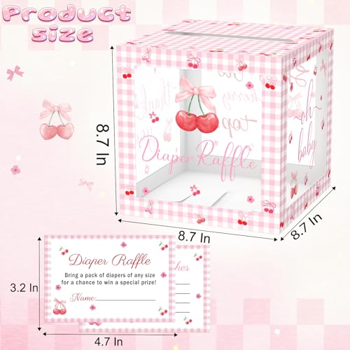 Image of 51Pcs Cherry Diaper Raffle Tickets with Box for Baby Shower Games, She's the Cherry on Top Baby Shower Decorations Pink Bow Clear Diaper Raffle Box