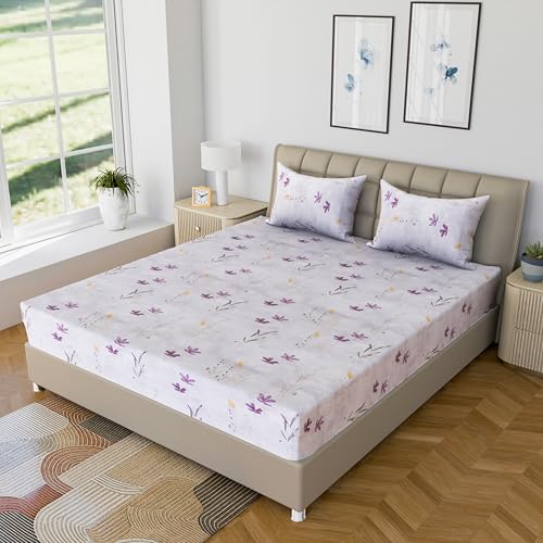 Image of LINENWALAS 100% Cotton Fitted Bed Sheet for Super King Size Bed, Printed All Around Elastic Bedsheet (78 x 78 Inches) with 2 Pillow Covers | 210 TC Soft Breathable, Luxury Bedsheet (Haze of Lavendor)