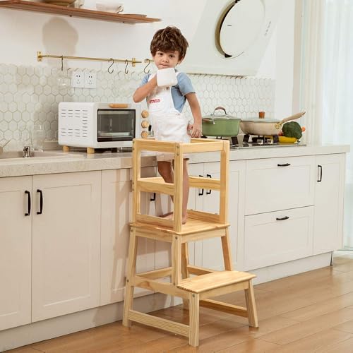 hoopyosms Toddler Standing Tower Kids Kitchen Step Stool for Learning with Removable Safety Railing, Wood