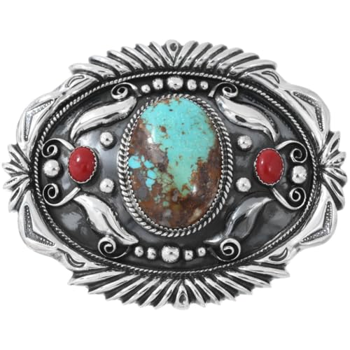 Genuine Number 8 Turquoise Silver Coral Belt Buckle Chiseled Sterling Design 0057