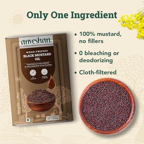 Image of Anveshan Wood Cold Pressed Mustard Oil - 15 Litre | Tin Can | Black Mustard Oil | Kacchi Ghani | A1 Grade Mustard Seeds & 0 trans fat| Rich Aroma | Naturally Cholestero | Free Goodness of Omega 3