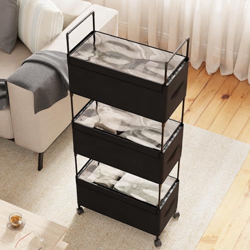Image of Lukzer 3-Tier Clothes Organizer Basket with Wheels | Black Fabric Closet Storage Rack for Folded Clothes | Metal Rolling Wardrobe Shelf for Bedroom Closet & Laundry Room | 28x57x136 cm