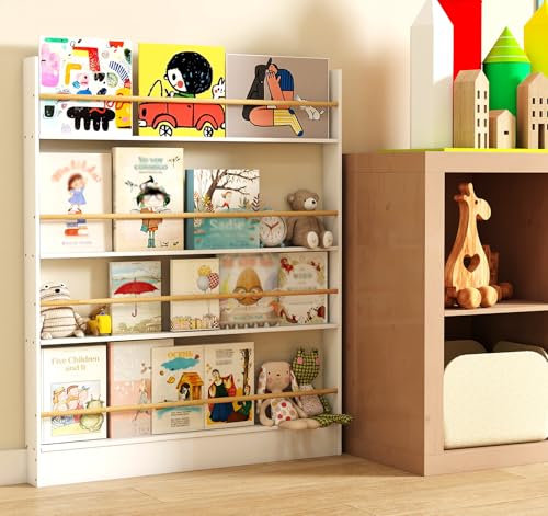 Image of 4 Tier Behind The Door Bookshelf, Space Saving Behind The Door Bookcase Wooden Kids Book Shelf for Bedroom Living Room Study White (120 * 100cm)