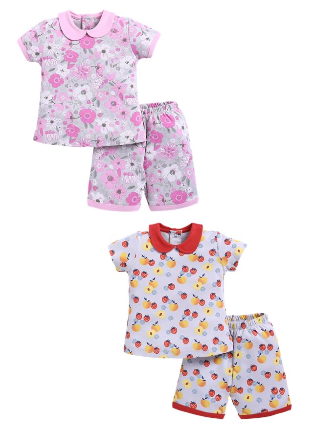 Image of Baby Girls 100% Cotton Printed Half Sleeve T-shirt & Short Summer Clothing Sets (Pack Of 2)
