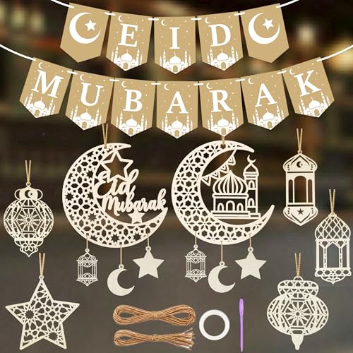 14 PCS Eid Decorations for Home 2-in-1 Mubarak Banner & Wooden Ornaments