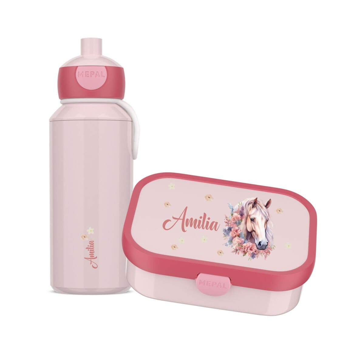 Mepal Set Brotzeitdose & Trinkflasche personalisiert, Brotdose Kinder mit Fächern, Lunch Box & Wasserflasche mit Name, auslaufsicheres Bento Box Set mit buntem Aufdruck Pferd (pink)