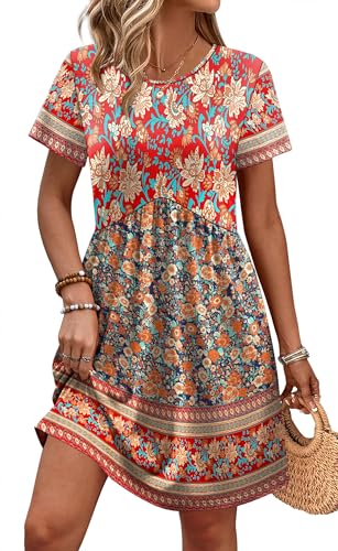 OFEEFAN Spring Dresses for Women 2026 Short Sleeve Crew Neck Casual Dresses Empire Waist Maternity Dress with Pockets