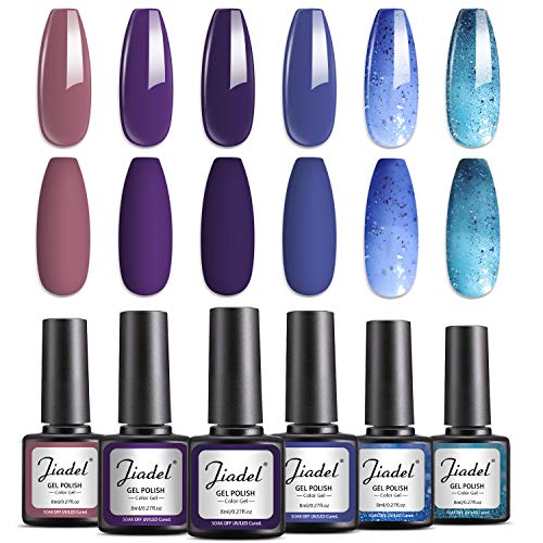 JIADEL Gel Nail Polish 6 Colors Set-Violet Purple Blue Glitter Nail Polish Soak Off Nail Gel Polish Kit Nail Art, 8ml, Home Gel Manicure Set