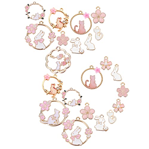 SUNNYCLUE 1 Box 48Pcs 12 Styles Pink Flower Charms Enamel Cat Rabbit Animal Floral Hollow Flat Round Alloy Pendants Bulk Gold Plated for Jewelry Making Charms DIY Bracelets Earrings Findings