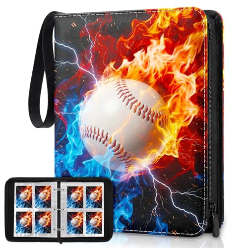 Image of Baseball Card Binder, Sports Card Binder 4 Pocket Holds up to 400 Pockets with 50 Removable Sleeves, Zipper Baseball Cards Collection Binder for Sports & TCG Collectors