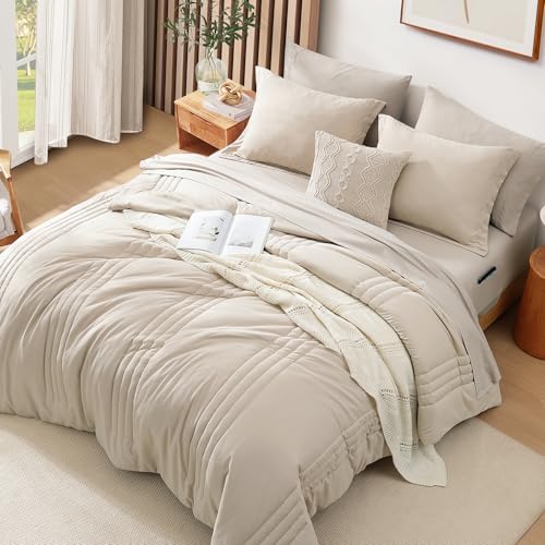 Image of Monbix Twin XL Size Comforter Set - 5 Pieces Dorm Bedding Sets, Quilting Design Fluffy Bed in a Bag Twin XL with Sheets, Pillowcase & Sham(Apricot Beige)