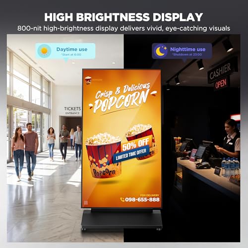 Image of 43 Inch Digital Signage Display, 4K 800 Nits UHD Full Screen LCD Advertising Kiosk, Portable Floor Standing Auto AD Player Android14 App-Based Control with USB /HDMI /WiFi