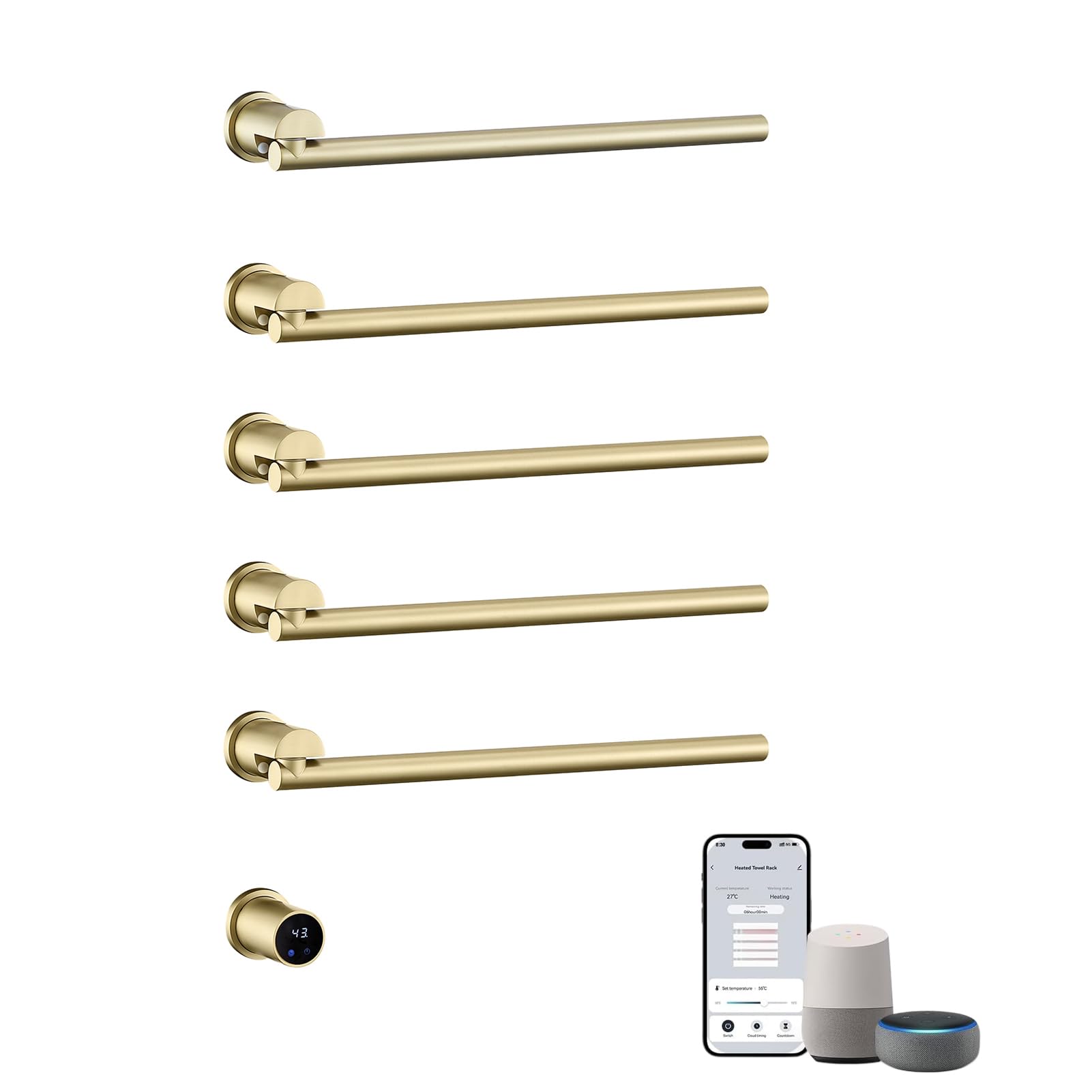 Heated Towel Rack Concealed Smart, 93W Swivel Electric Towel Warmer for Bathroom, Built-in Modular Electric Towel Rack with Timer, Thermostat, LED Display, APP, 5 Bars 180° Rotation, Hardwired, Gold