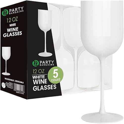 PARTY BARGAINS 5 copas de vino, color blanco (12 onzas), desechables, inastillables, con diseño elegante, copas de vino de plástico, para fiestas en