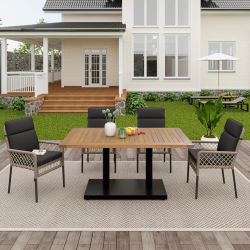 Fppuueg Conjunto Mesa y Sillas Jardin 5 Piezas con Cojines, Conjunto Jardin Exterior con 4 Sillones y 1 Mesa, Muebles Jardin Exterior para Patio Terraza Balcón, Color Madera y Negro