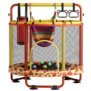55″ Trampoline for Kids with Enclosure, 440lbs Capacity Indoor & Outdoor Toddler Trampoline with Adjustable Gymnastics Bar & Toys, for Boys & Girls
